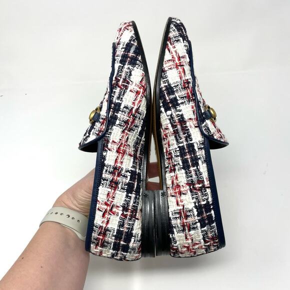 Gucci Jordaan Tweed Check Horsebit Flat Loafers Red White Blue Gold EU 37 - Picture 5 of 14